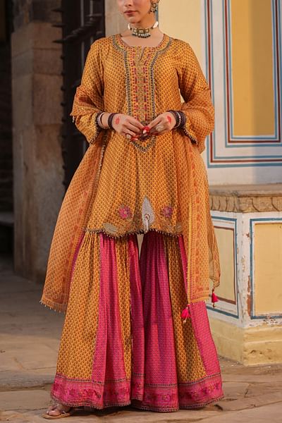 Pink and mustard chintz printed sharara set