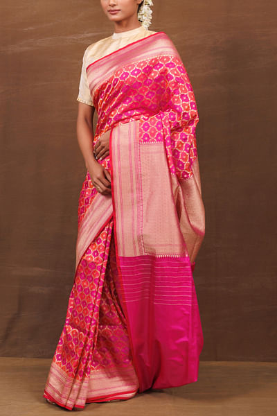 Pink and orange handwoven banarasi silk sari
