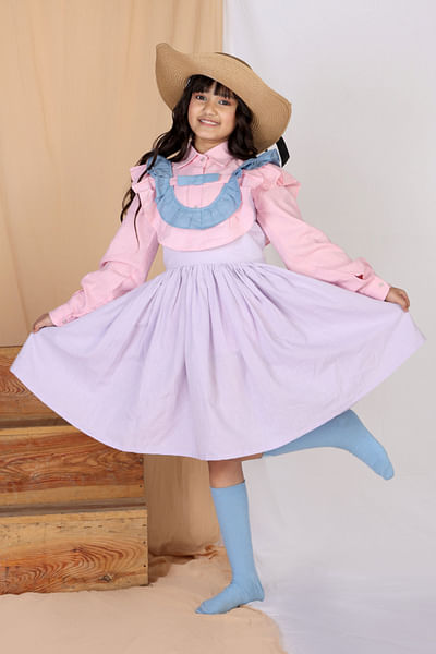 Pink and purple colour block ruffled dress set