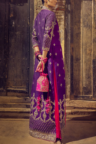 Pink and Purple floral embroidered jacket set