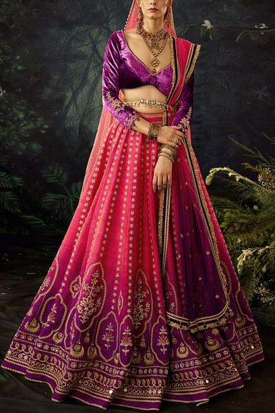 Pink and purple ombre embroidered lehenga set