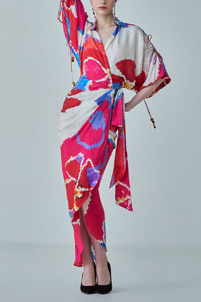 Pink and red ikat printed asymmetric dress