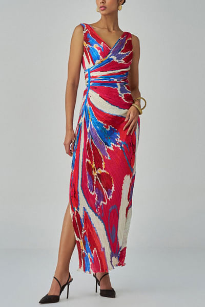 Pink and red ikat printed overlap dress