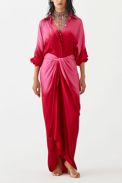 Pink and red ombre draped shirt dress