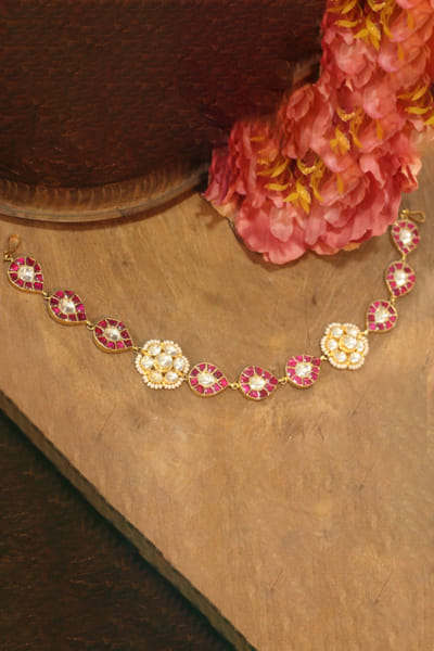 Riana Jewellery Pink and white jadtar stone embellished mathapatti  RIAFEB25D116720