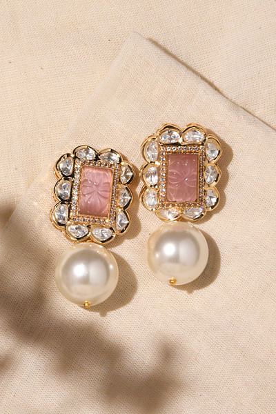 Pink and white pearl embellished drop earrings