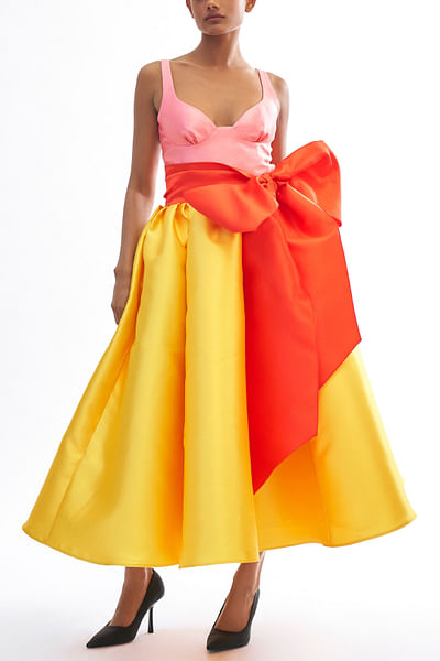 Pink and yellow colour block midi dress