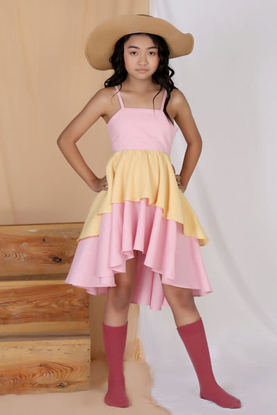 Pink and yellow colour blocked layered dress