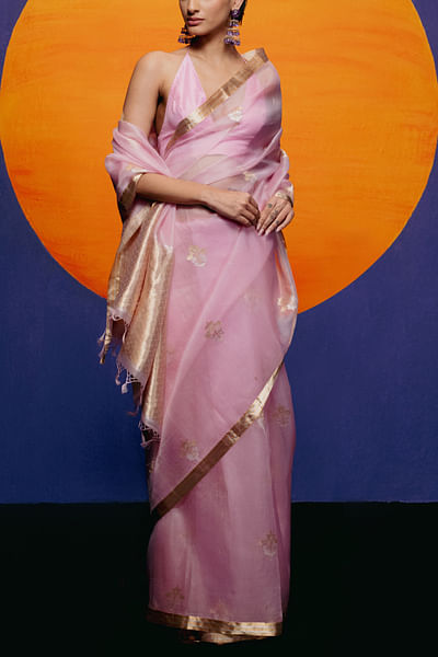 Pink artisanal motif banarasi kadhwa sari set
