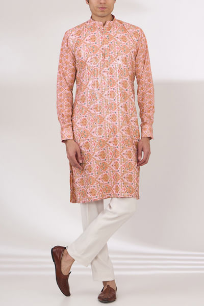 Pink artsy floral print sequinned kurta set