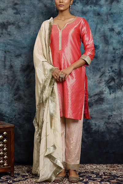 Pink banarasi silk kurta set