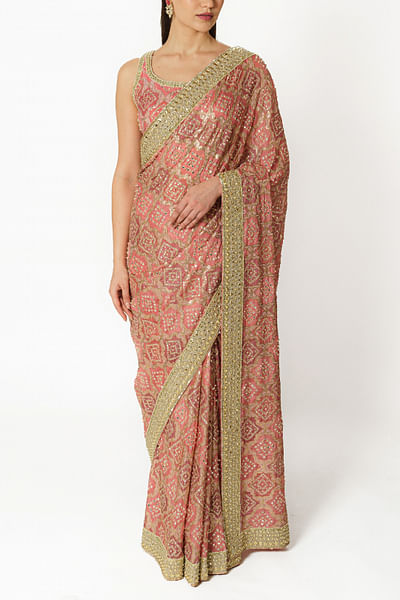 Pink bandhani printed embroidered sari set