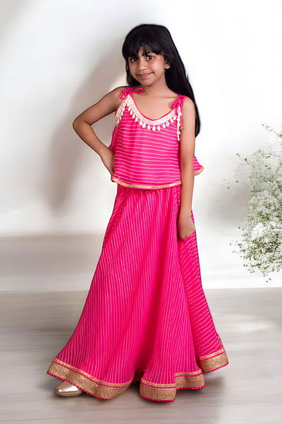 Pink bandhej top and skirt