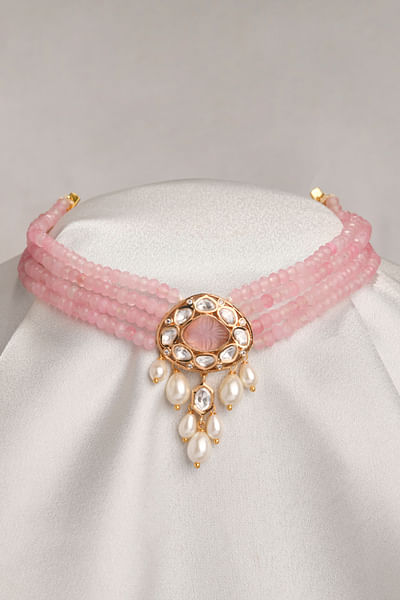Pink bead and kundan polki layered choker