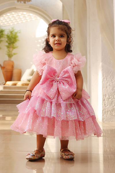 Pink bow sequin embroidered layered dress