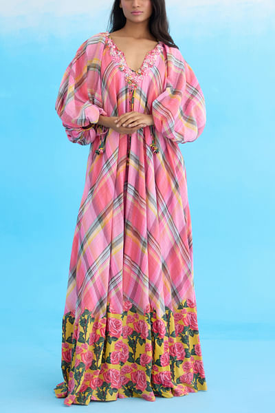 Pink check and floral printed maxi dress