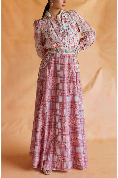 Pink check and paisley print kalidar skirt set