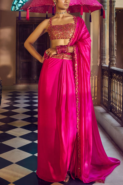 Pink coin emebellished sari set
