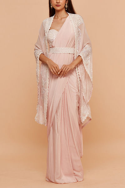 Pink coral embroidered cape and Pre-draped sari set