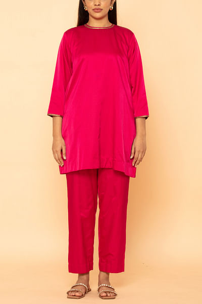 Pink cotton silk short kurta set