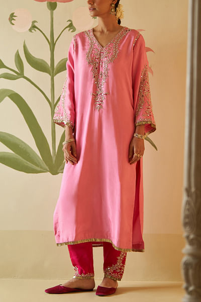 Pink dabka embroidery choga set