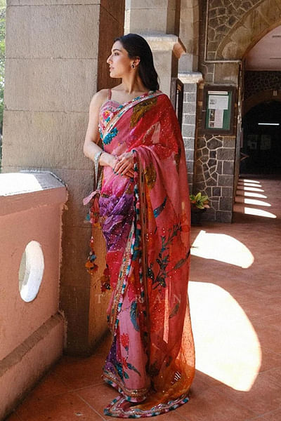 Pink digital printed sari set