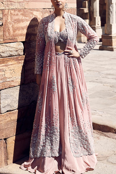 Pink dori embroidery long jacket set