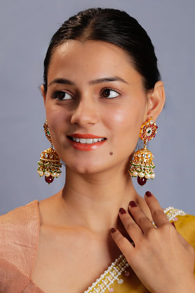 Pink embellished jhumkas