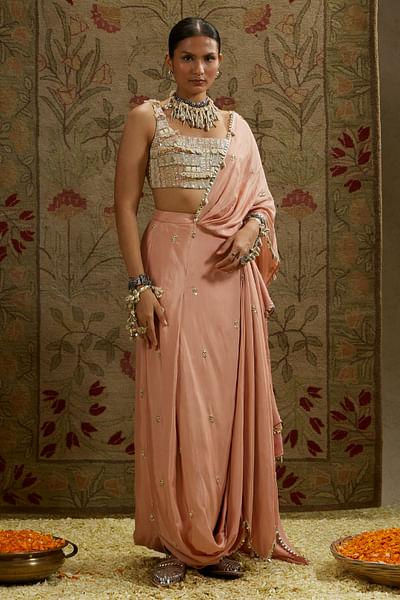 Pink embellished pre-draped sari set