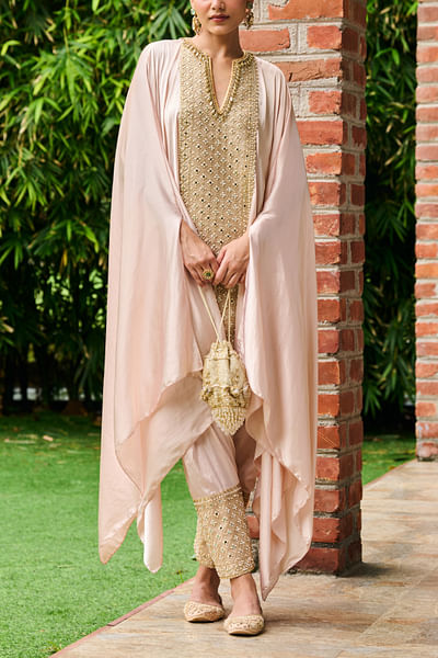 Pink embroidered cape kurta set