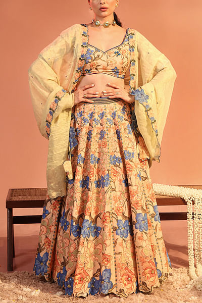 Pink embroidered cotton silk lehenga set