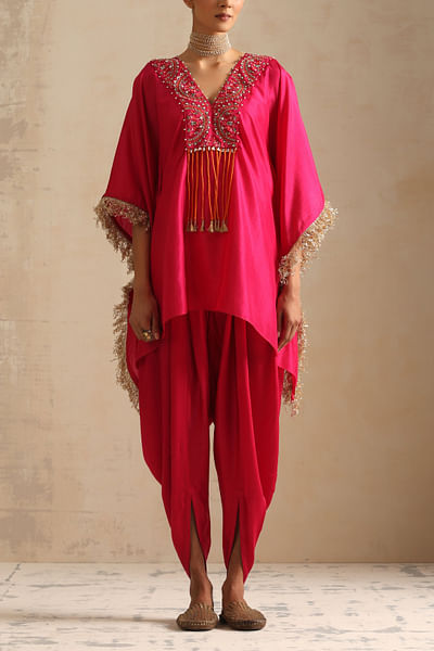 Pink embroidered fringed kaftan set