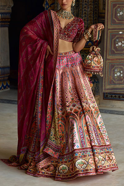 Pink embroidered silk lehenga set