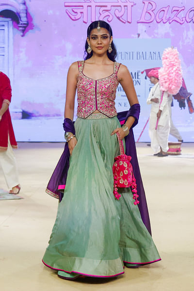 Pink embroidered waistcoat and lehenga set