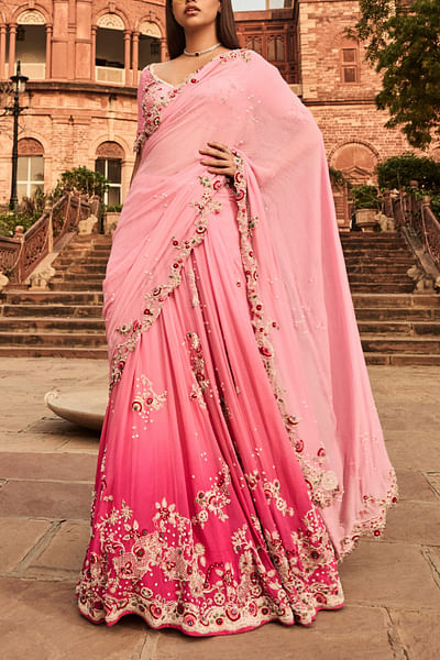 Pink embroidery ombre lehenga sari set