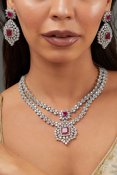 Pink faux diamond double layered necklace set