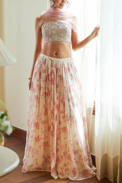 Pink floral and bird printed lehenga set