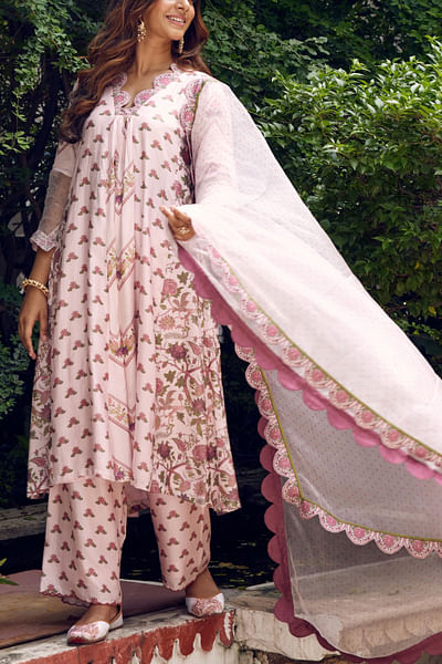 Pink floral and geometric printed kurta set