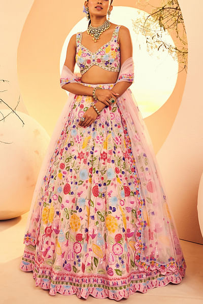 Pink floral and leaf embroidery lehenga set