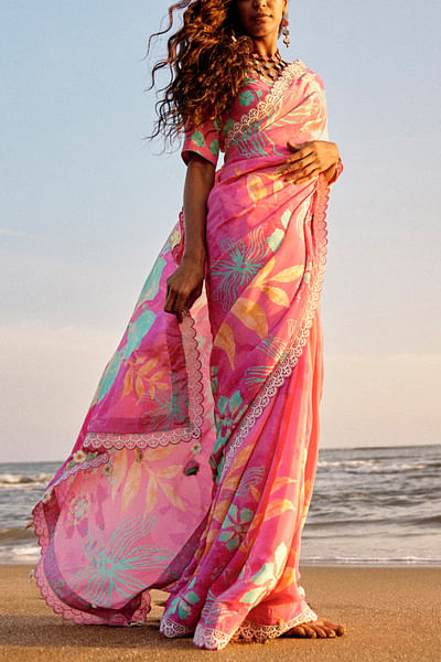 Pink floral and leaf print sari set