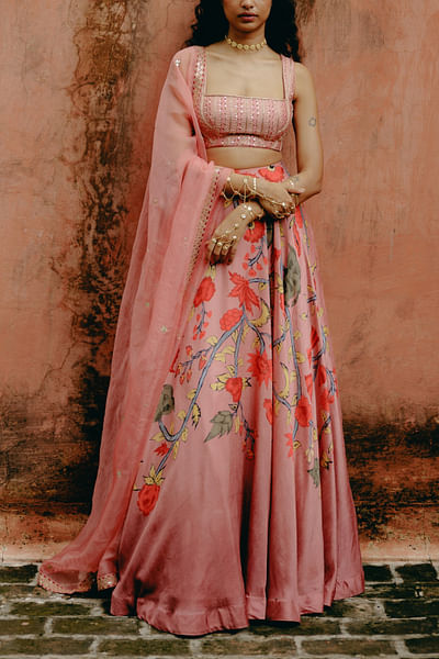 Pink floral and leaf printed lehenga set