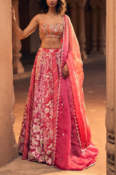 Pink floral and leheriya printed lehenga set