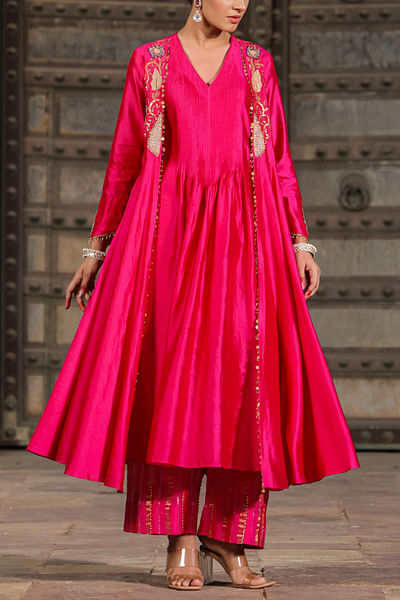 Pink floral applique jacket kurta set