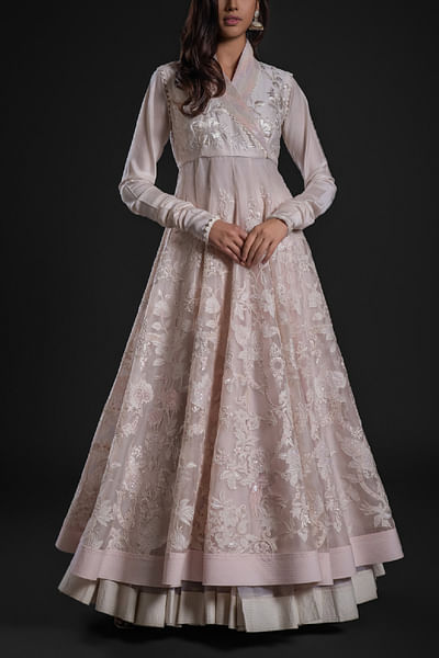 Pink floral appliqued angrakha anarkali set