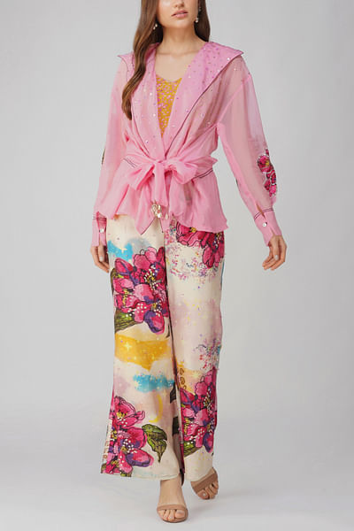 Pink floral appliqued top and pants set