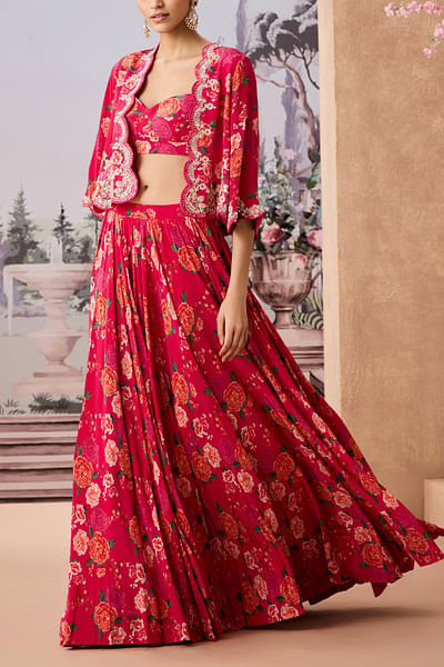 Pink floral chintz printed cape and skirt set