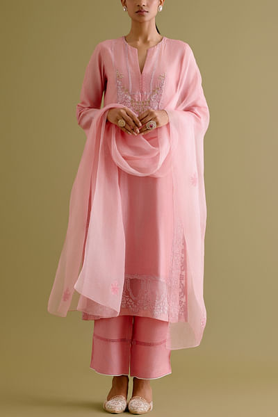 Pink floral dori embroidered kurta set