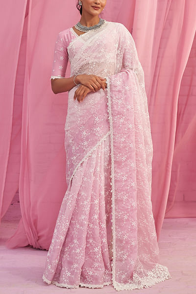 Pink floral embroiderd sari set