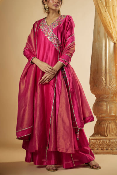 Pink floral embroidered angrakha set