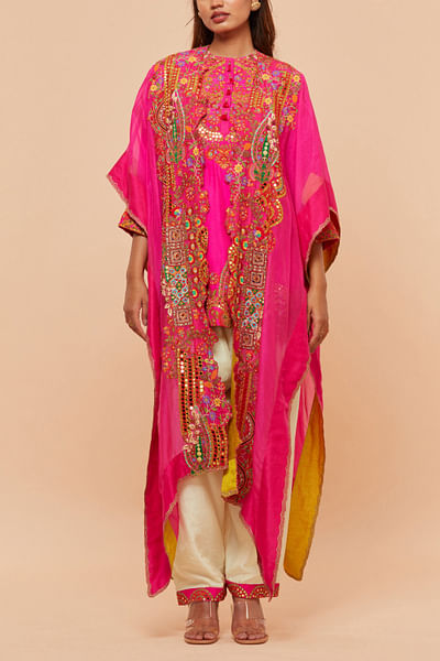 Pink floral embroidered cape and kurta set